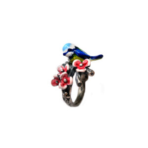 Anello ramo con cincia e fiorellini rosa