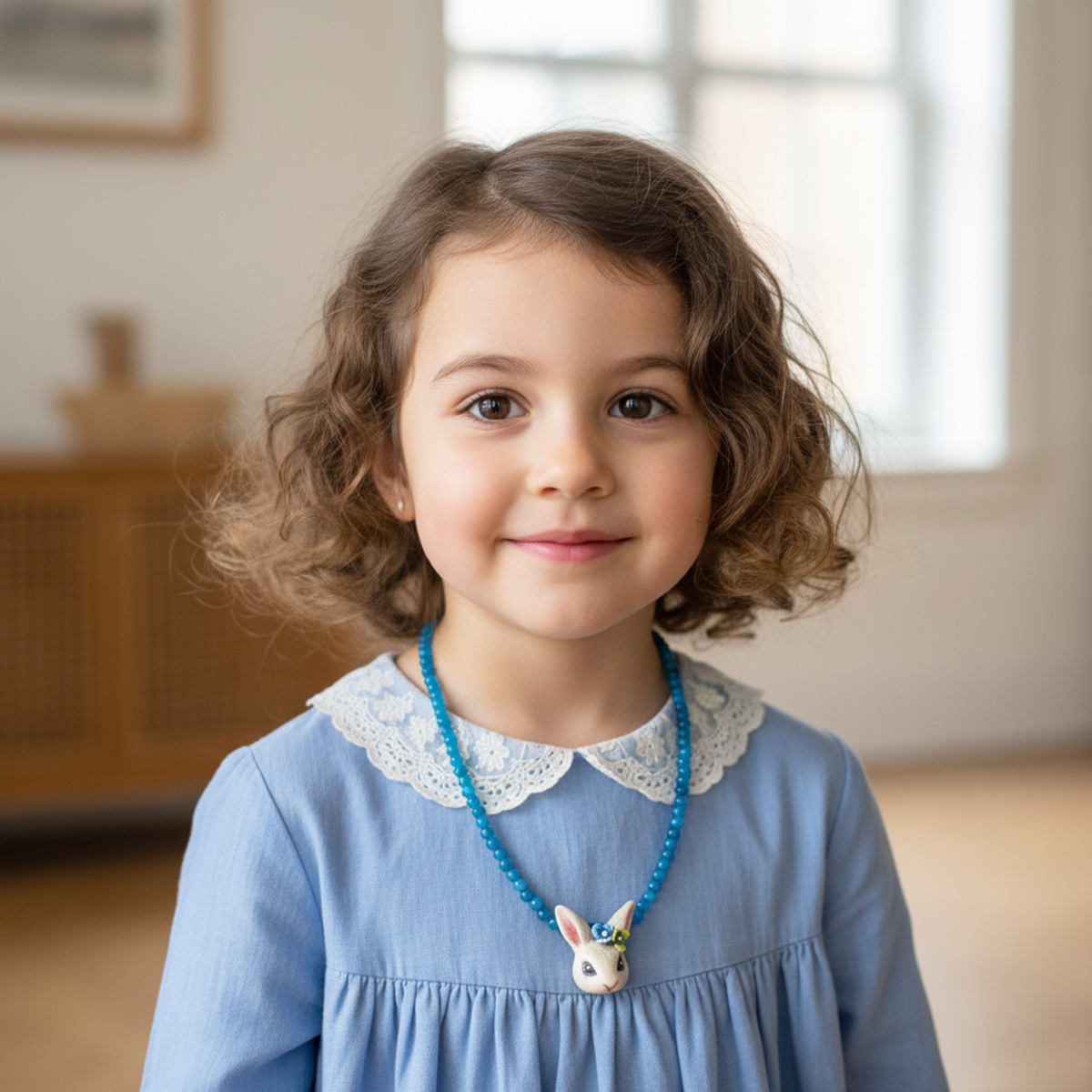 Collana azzurra e coniglietta bianca con fiorellini - immagine 4